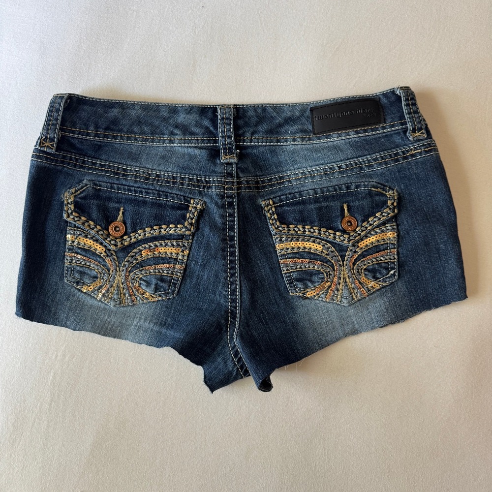 Rue 21 Micro Mini Low Rise Cutoff Shorts 9/10 Dark Blue Sequin Flap Pocket Y2K